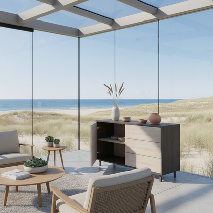 Schwarzes und weiß geöltes Sideboard "schmale Fuge" aus Eiche, 120cm von Wildwuchs-Möbel, modernes Design, Blick auf die Front