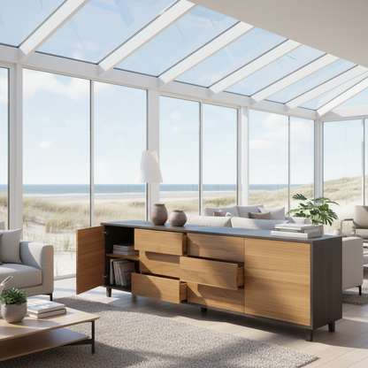 Sideboard "schmale Fuge" in premium oak, natural and black oiled finish, 240cm, by Wildwuchs-Möbel.