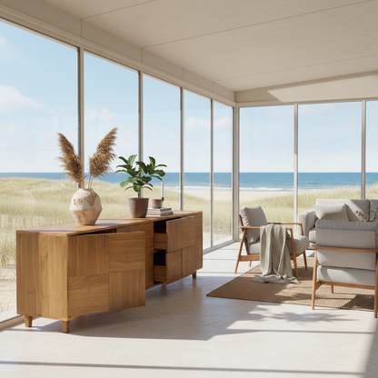 Helles Eichen-Sideboard "Mosaik" von Wildwuchs-Möbel, naturgeölt, 240cm lang, modernes Design, stabile Holzstruktur