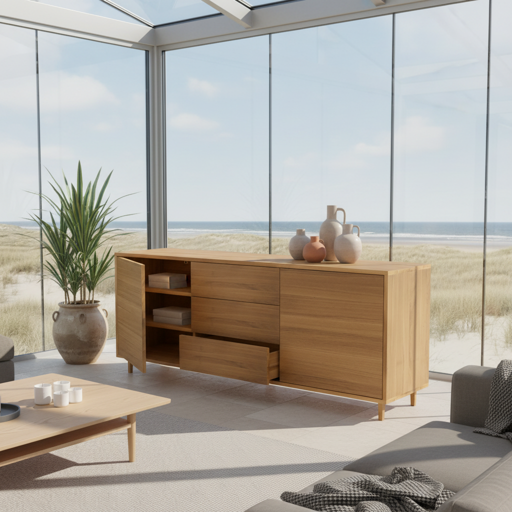 Sideboard "schmale Fuge" by Wildwuchs-Möbel in natural oiled oak, 180cm, showcasing sleek design and elegant finish.