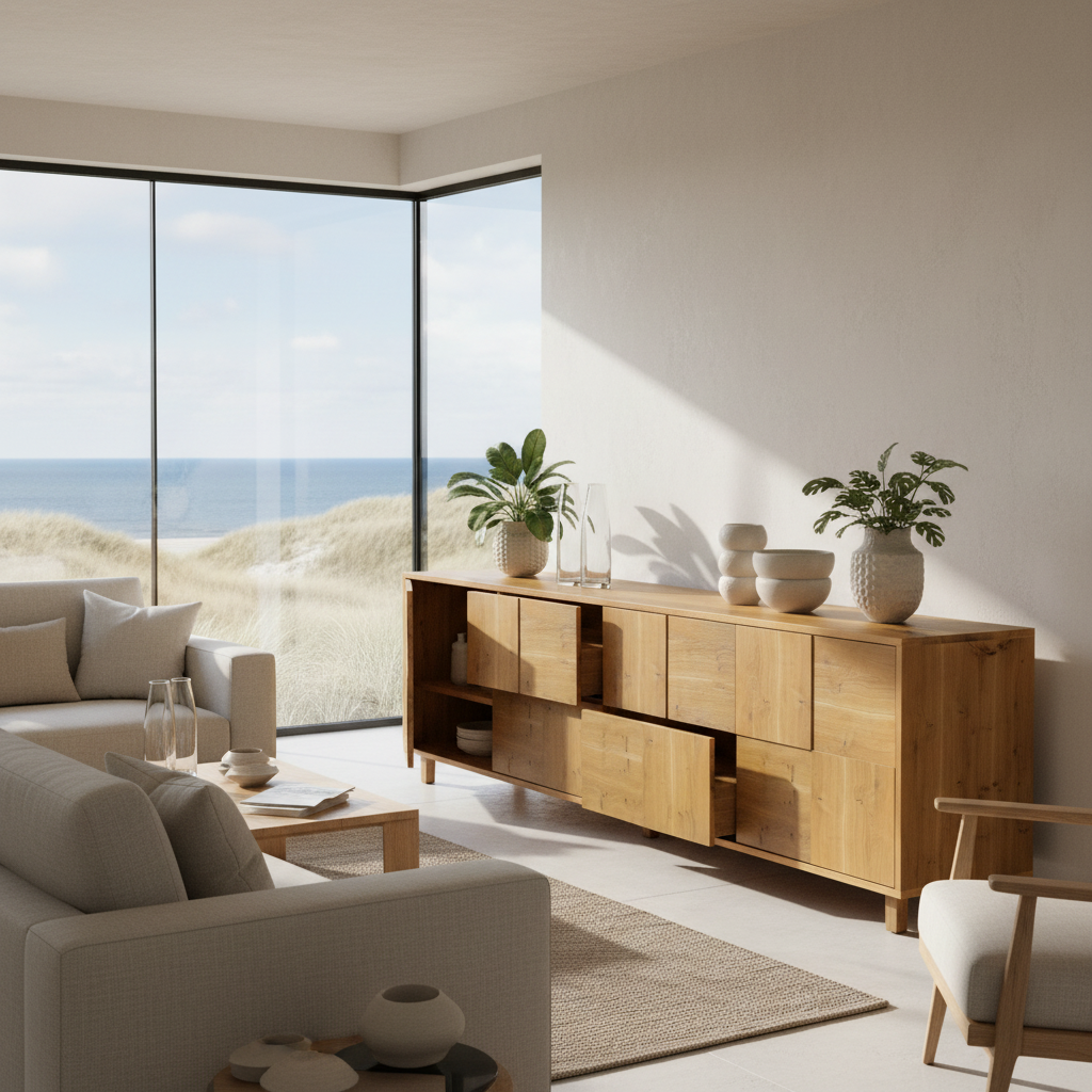 Rustikales Eiche Sideboard "Mosaik" von Wildwuchs-Möbel, naturgeölt, 240cm breit, mit Mosaik-Design und hochwertiger Holzoberfläche