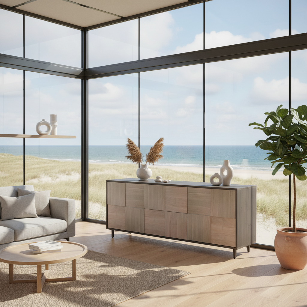 Helles Eiche Sideboard "Mosaik" von Wildwuchs-Möbel, schwarz/weiß geölt, 180 cm lang, modernes Design, viel Stauraum.