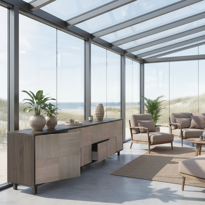 Helles Eichen-Sideboard "Mosaik" von Wildwuchs-Möbel in Schwarz/Weiß geölt, 240cm lang, modernes Design, sichtbare Holzstruktur.