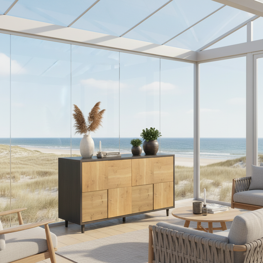 Rustic oak sideboard "Mosaik" by Wildwuchs-Möbel in natural and black oil finish, 120cm wide.