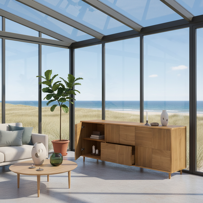 Helles Eichen-Sideboard "Mosaik" von Wildwuchs-Möbel, 180cm lang, naturgeölt, mit modernem Design, sichtbare Holzmaserung