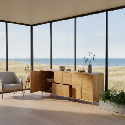 Rustikales Eichen-Sideboard "Mosaik" von Wildwuchs-Möbel, naturgeölt, 180cm breit, stilvoll und robust.