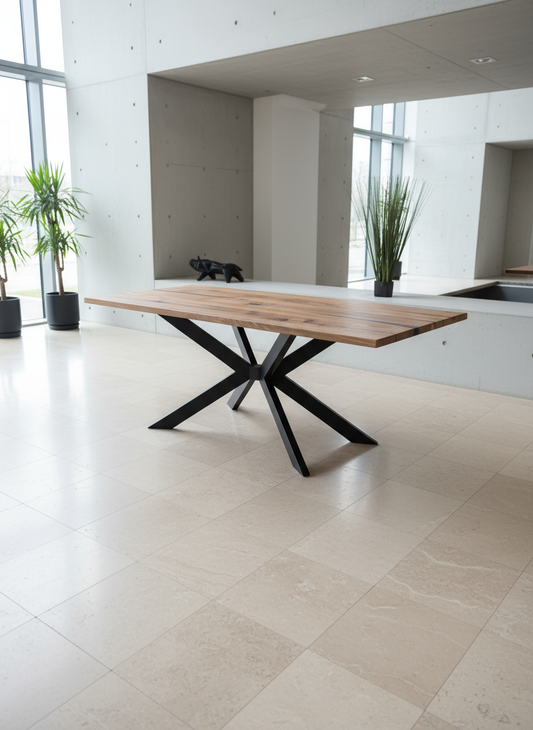 Esstisch aus Eiche mit Kreuzfuß von Wildwuchs-Möbel in modernem Ambiente, zeigt natürliche Holzmaserung und klare Linien.