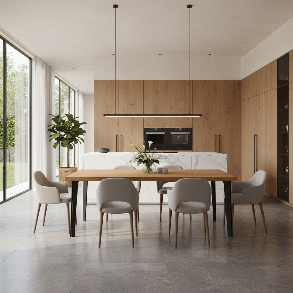 Esstisch aus gewachster Eiche von Wildwuchs-Möbel mit massiven Stahlfüßen im modernen Design.