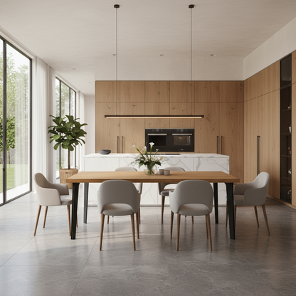 Esstisch aus gewachster Eiche von Wildwuchs-Möbel mit massiven Stahlfüßen im modernen Design.