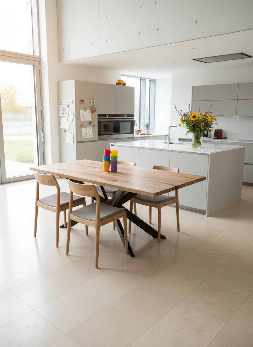 Modern Wildwuchs-Möbel oak dining table with a unique cross base and natural wood finish.