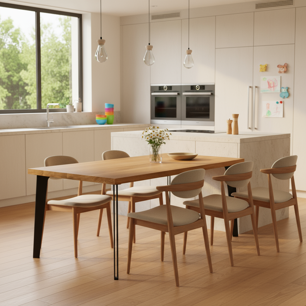 Esstisch aus gewachster Eiche mit massivem Stahlbein von Wildwuchs-Möbel, modernes Design in natürlicher Holzoptik.