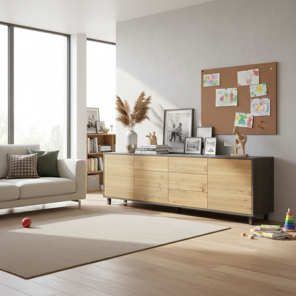 Rustic oak sideboard "schmale Fuge" in natural and black finish, 240cm, by Wildwuchs-Möbel, showcasing sleek design.