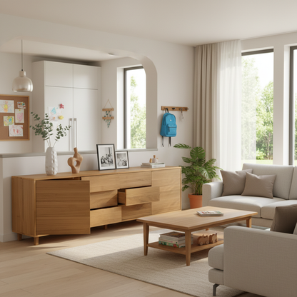 Sideboard "schmale Fuge" by Wildwuchs-Möbel in natural oak, 240cm, showcasing clean lines and elegant finish.