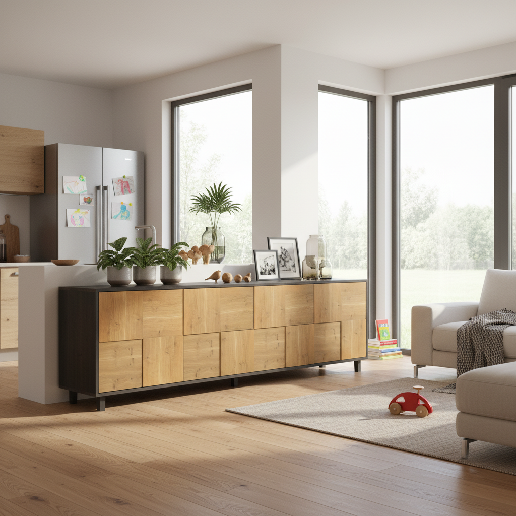 Modernes Sideboard "Mosaik" aus rustikalem Eichenholz in Natur und Schwarz geölt, 240 cm breit, von Wildwuchs-Möbel