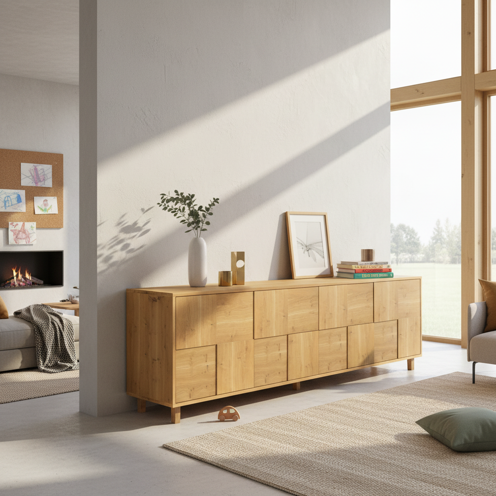 Modernes Sideboard "Mosaik" aus rustikaler Eiche, natur geölt, 240cm breit, von Wildwuchs-Möbel, mit stilvollem Design