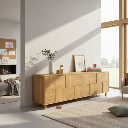 Modernes Sideboard "Mosaik" aus rustikaler Eiche, natur geölt, 240cm breit, von Wildwuchs-Möbel, mit stilvollem Design