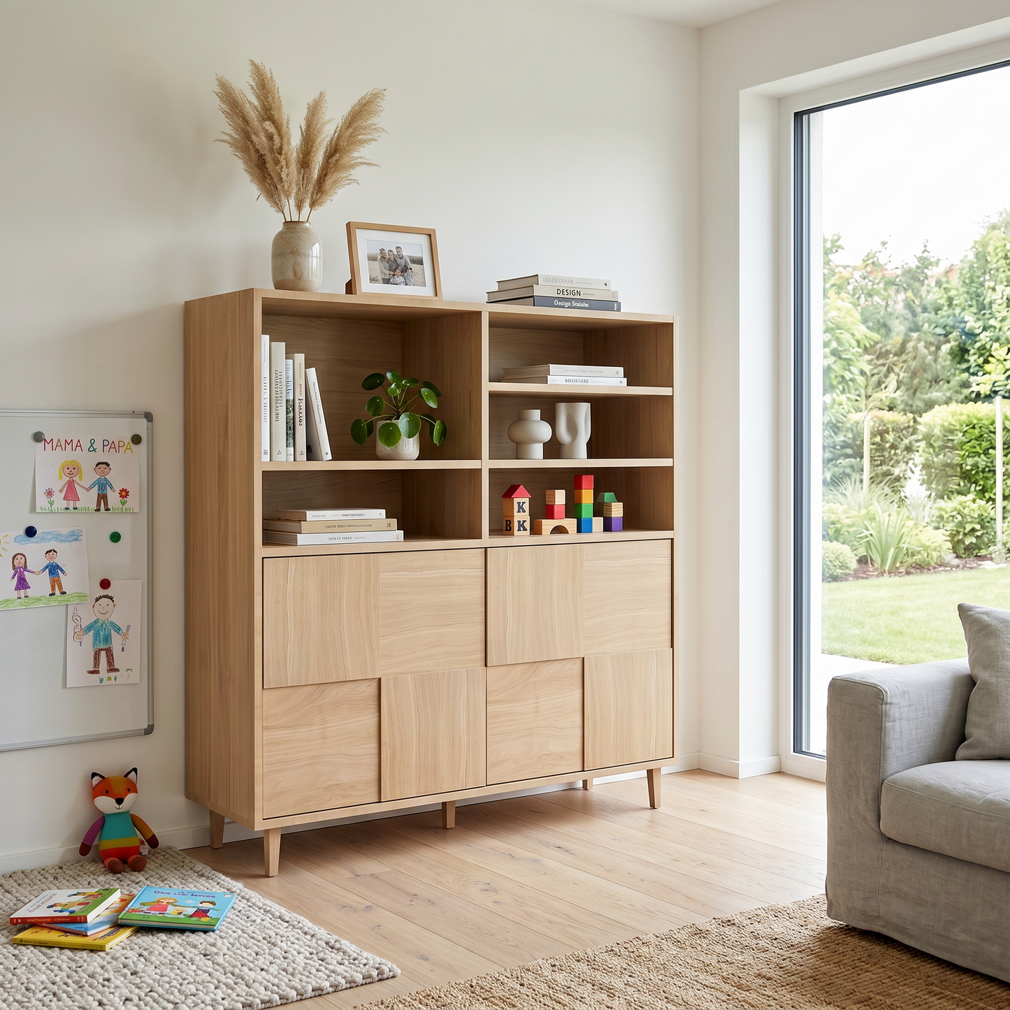Modernes Highboard aus Eiche mit Mosaik-Design, geölt, 120cm breit, von Wildwuchs-Möbel, sichtbare Oberfläche und stilvolles Design