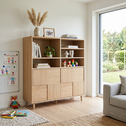 Modernes Highboard aus Eiche mit Mosaik-Design, geölt, 120cm breit, von Wildwuchs-Möbel, sichtbare Oberfläche und stilvolles Design