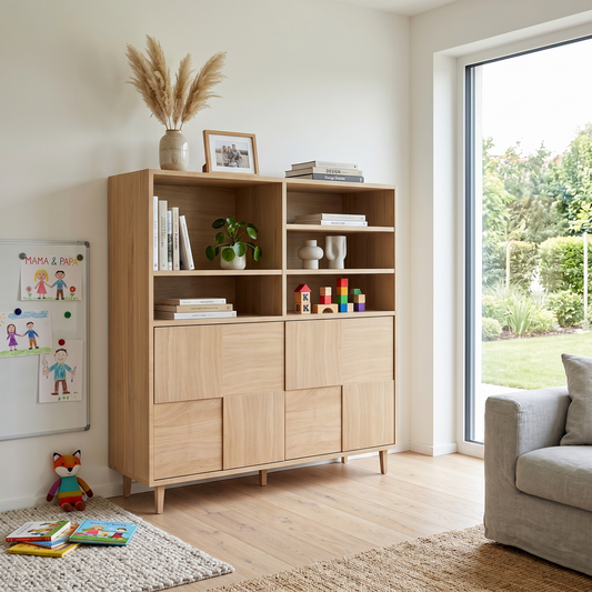 Modernes Highboard aus Eiche mit Mosaik-Design, geölt, 120cm breit, von Wildwuchs-Möbel, sichtbare Oberfläche und stilvolles Design