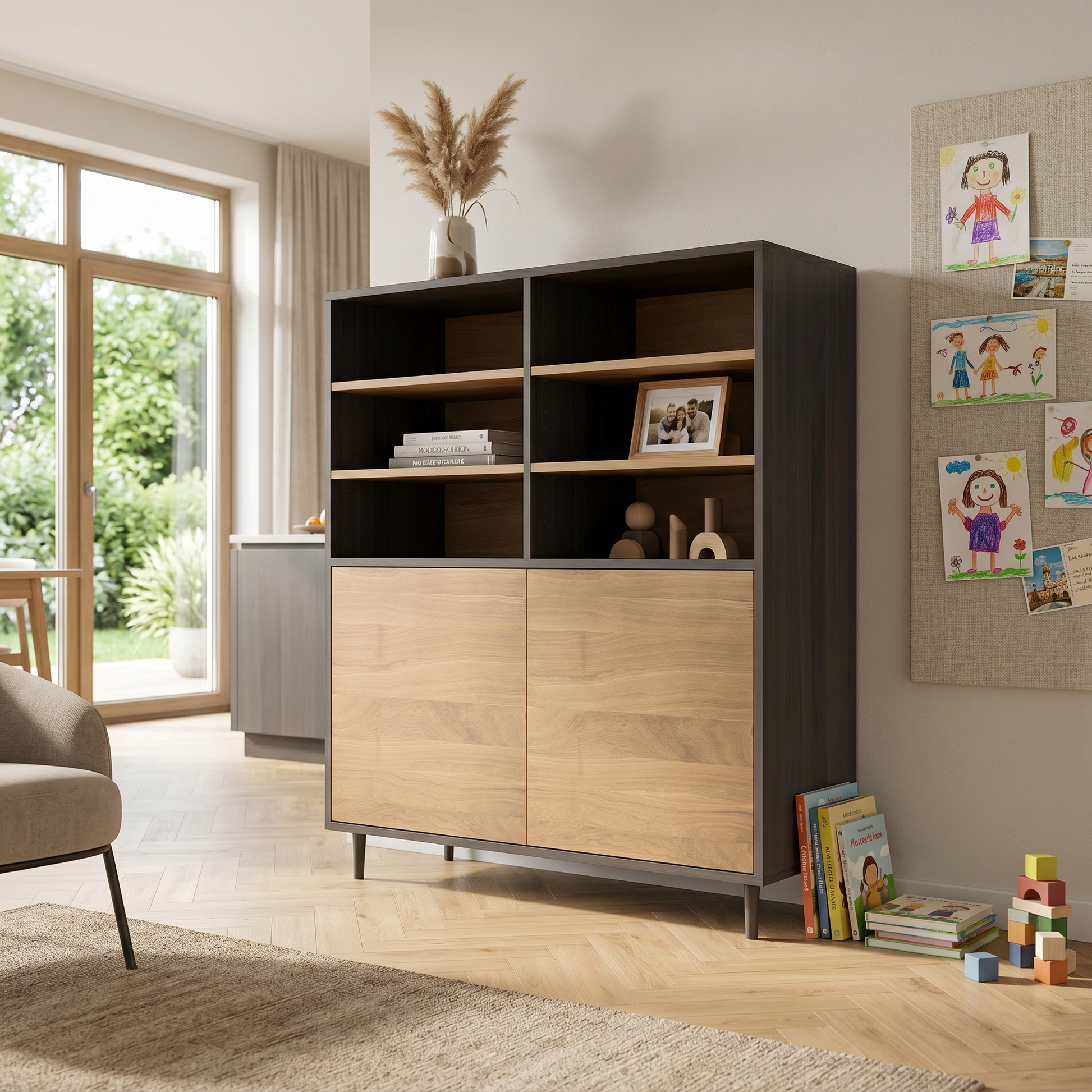 Moderner Highboard aus Eiche, Wildwuchs-Möbel, 120cm breit, natur und schwarz geölt, schmal mit schlichten Fugen