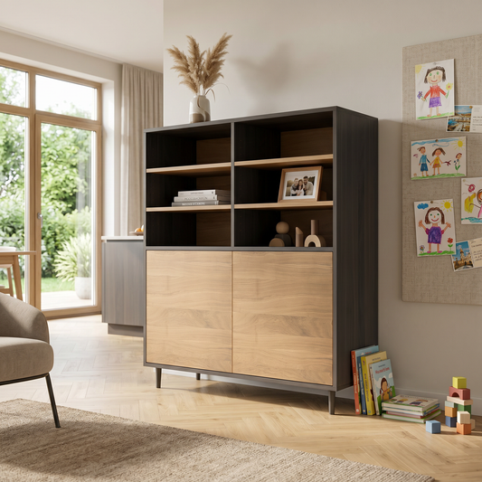 Moderner Highboard aus Eiche, Wildwuchs-Möbel, 120cm breit, natur und schwarz geölt, schmal mit schlichten Fugen