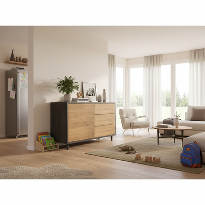 Modernes Sideboard "schmale Fuge" aus Eiche in Natur und Schwarz geölt, 120cm breit, von Wildwuchs-Möbel.