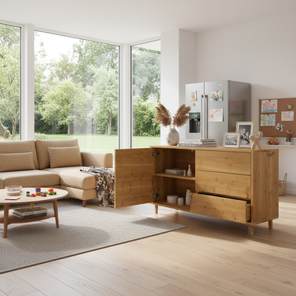 Moderner Wildwuchs-Möbel Sideboard "schmale Fuge" aus Eiche Rustikal, naturgeölt, 120cm breit, klare Linien und rustikaler Charme