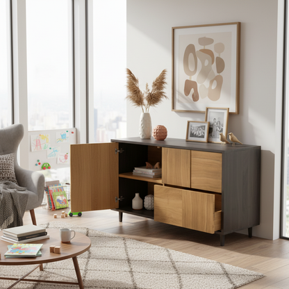 Modernes Sideboard "Mosaik" aus Eiche, natur/ schwarz geölt, 120cm breit, von Wildwuchs-Möbel, mit stilvollem Design