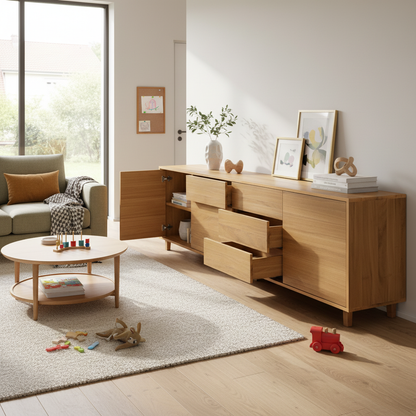 Sideboard "schmale Fuge" by Wildwuchs-Möbel in natural oak, 240cm, showcasing a sleek, modern design and finish.