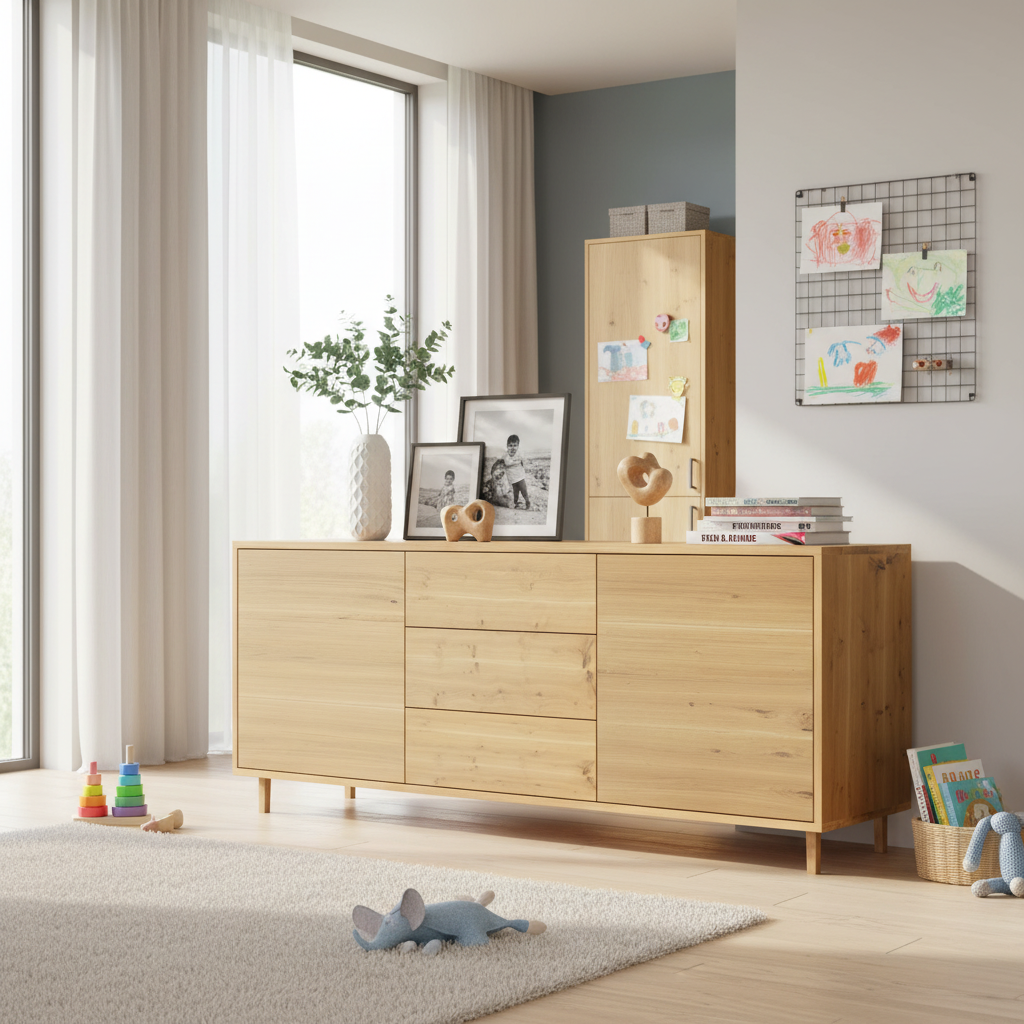 Moderner Wildwuchs-Möbel Sideboard "schmale Fuge" aus rustikaler Eiche, naturgeölt, 180cm breit, stilvoll und funktional