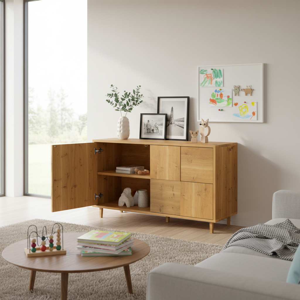Rustic oak sideboard "Mosaik" by Wildwuchs-Möbel, 120cm, featuring a natural oil finish and modern design.