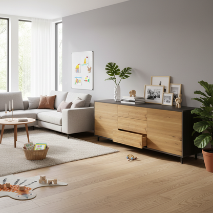 Sideboard "schmale Fuge" by Wildwuchs-Möbel in rustic oak with black oil finish, measuring 180cm.