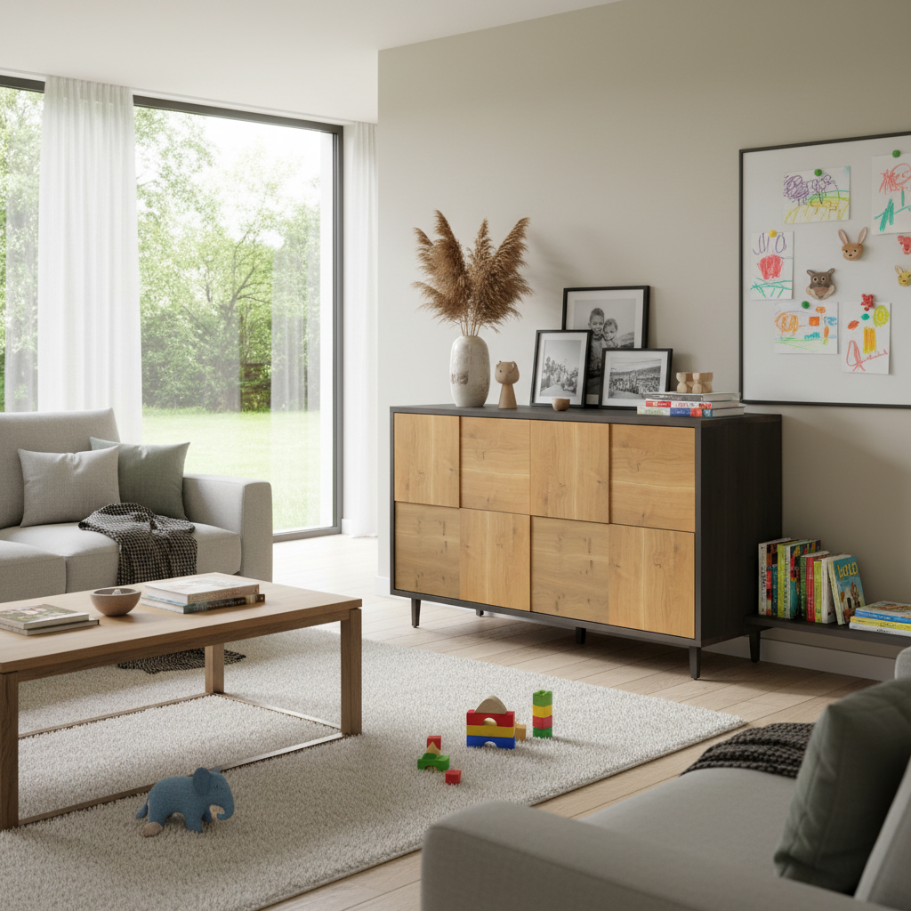 Modernes Sideboard "Mosaik" aus rustikaler Eiche, natur/Schwarz geölt, 120cm, von Wildwuchs-Möbel, mit klaren Linien und Holzstruktur