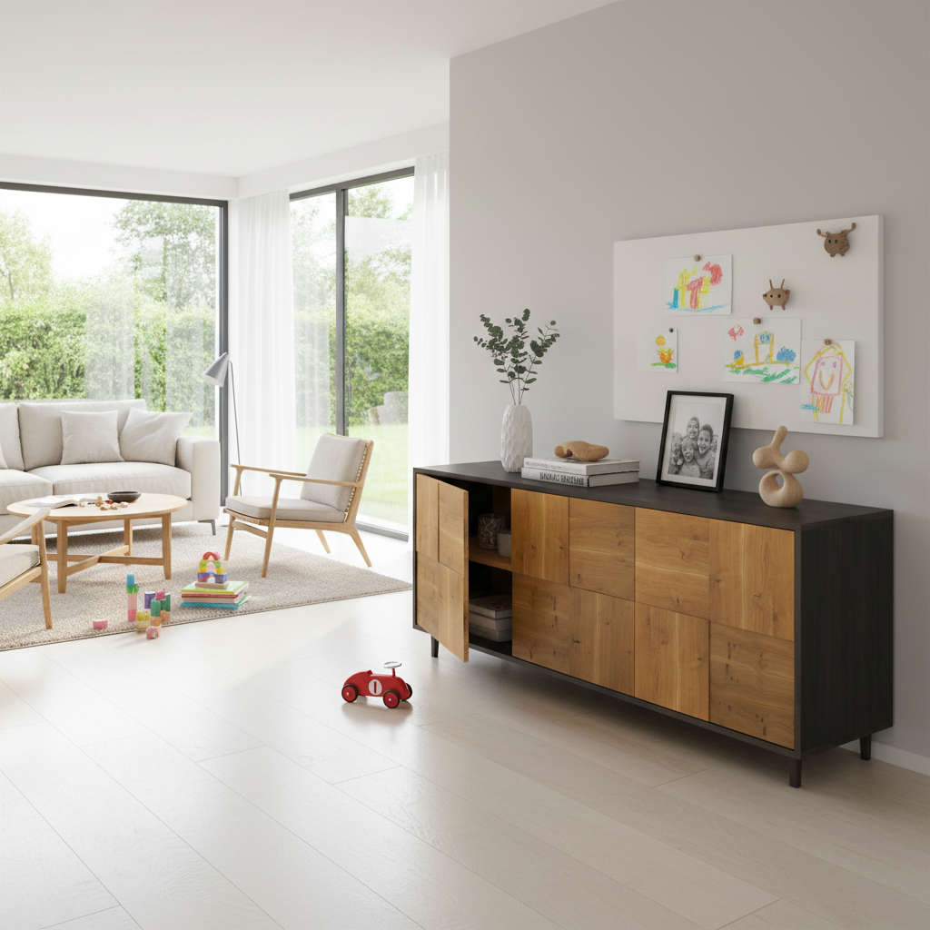 Moderner Wildwuchs-Möbel Sideboard "Mosaik" aus rustikaler Eiche, natur/Schwarz geölt, 180cm breit, mit stilvollem Design