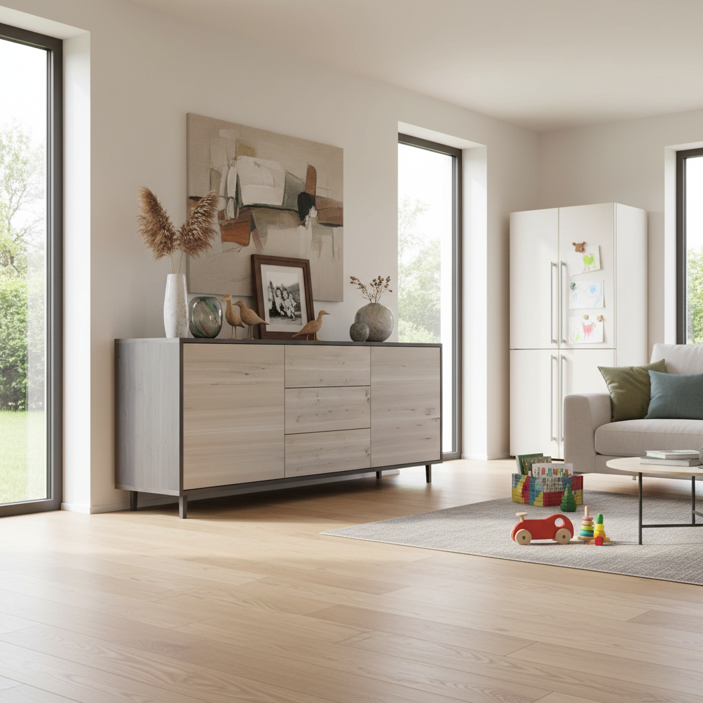 Rustic oak sideboard "schmale Fuge" in black and white, 180cm, showcasing a sleek modern design by Wildwuchs-Möbel.