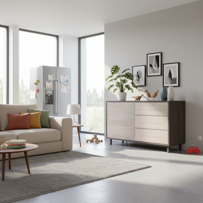 Moderner Wildwuchs-Möbel Sideboard "schmale Fuge" aus Eiche, schwarz/weiß geölt, 120cm breit, stilvolle Aufbewahrung.