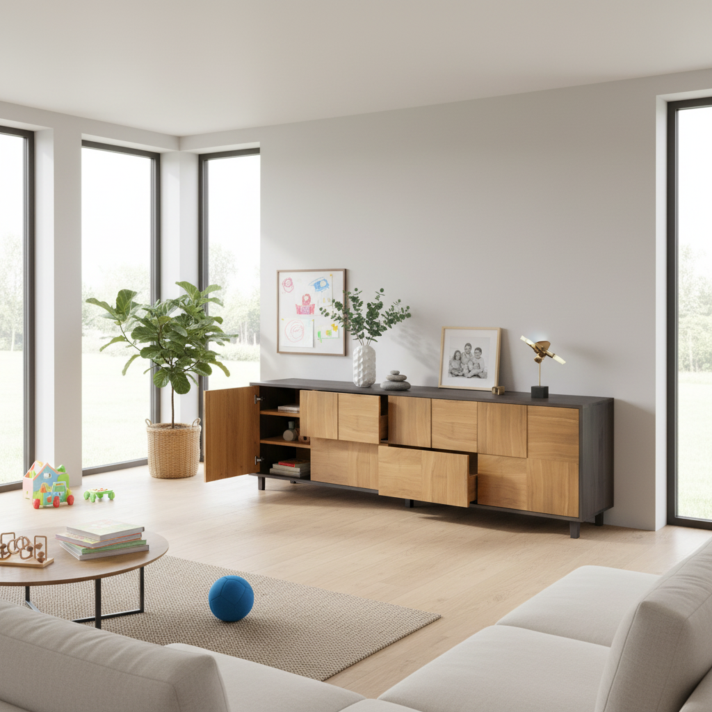 Modernes Sideboard "Mosaik" von Wildwuchs-Möbel in Eiche Premium, Natur und Schwarz geölt, 240 cm breit, elegantes Design