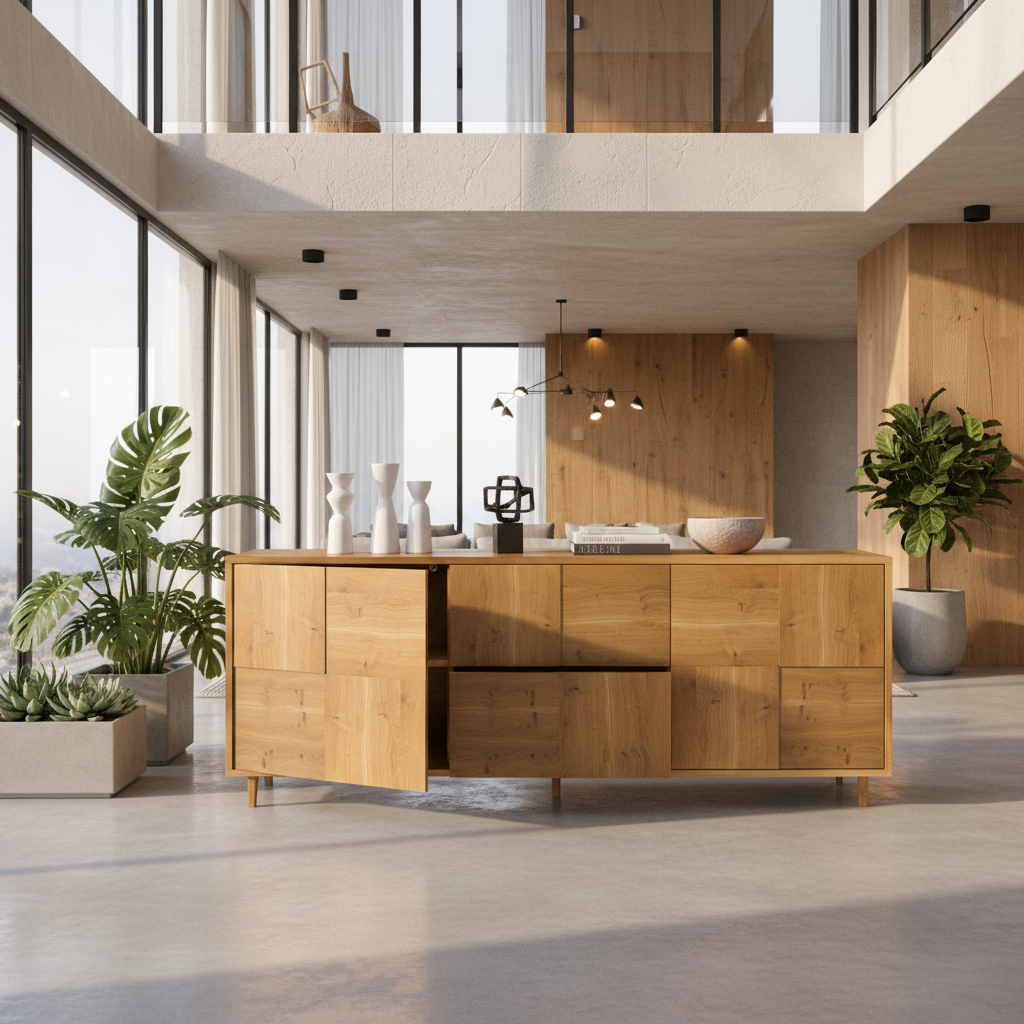 Modernes Sideboard "Mosaik" aus rustikaler Eiche von Wildwuchs-Möbel, naturgeölt, 180 cm breit, zeigt geölte Holzoberfläche