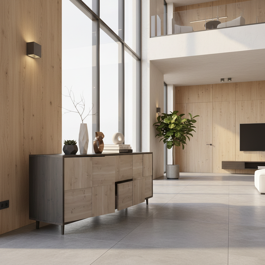 Modernes Sideboard "Mosaik" aus rustikaler Eiche von Wildwuchs-Möbel, schwarz/weiß geölt, 180cm breit, stilvolles Möbelstück