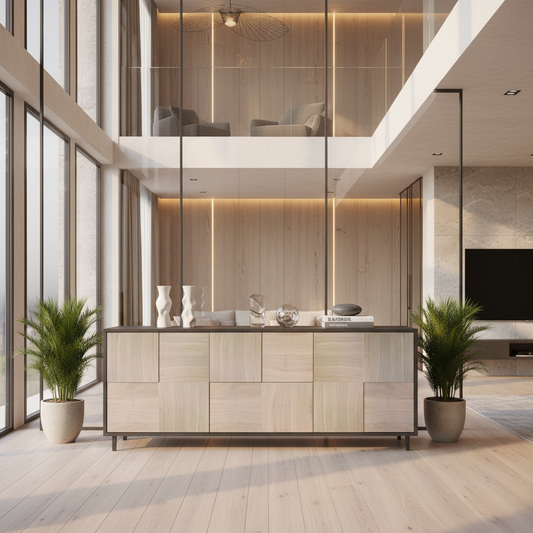 Moderner Sideboard "Mosaik" aus Eiche von Wildwuchs-Möbel, schwarz/weiß geölt, 180 cm breit, stilvolle Aufbewahrung.