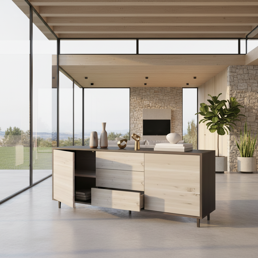 Rustic oak sideboard "schmale Fuge" in black and white, 180cm, showcasing modern design by Wildwuchs-Möbel.