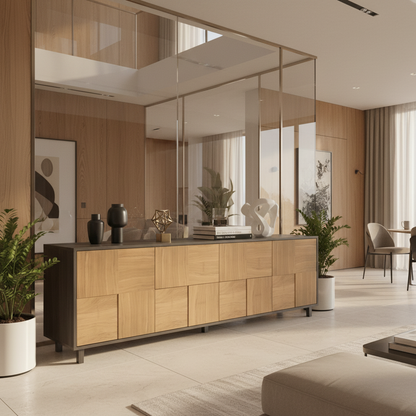 Moderner Sideboard "Mosaik" aus Eiche von Wildwuchs-Möbel in Natur und Schwarz geölt, 240 cm breit, mit eleganter Oberfläche.