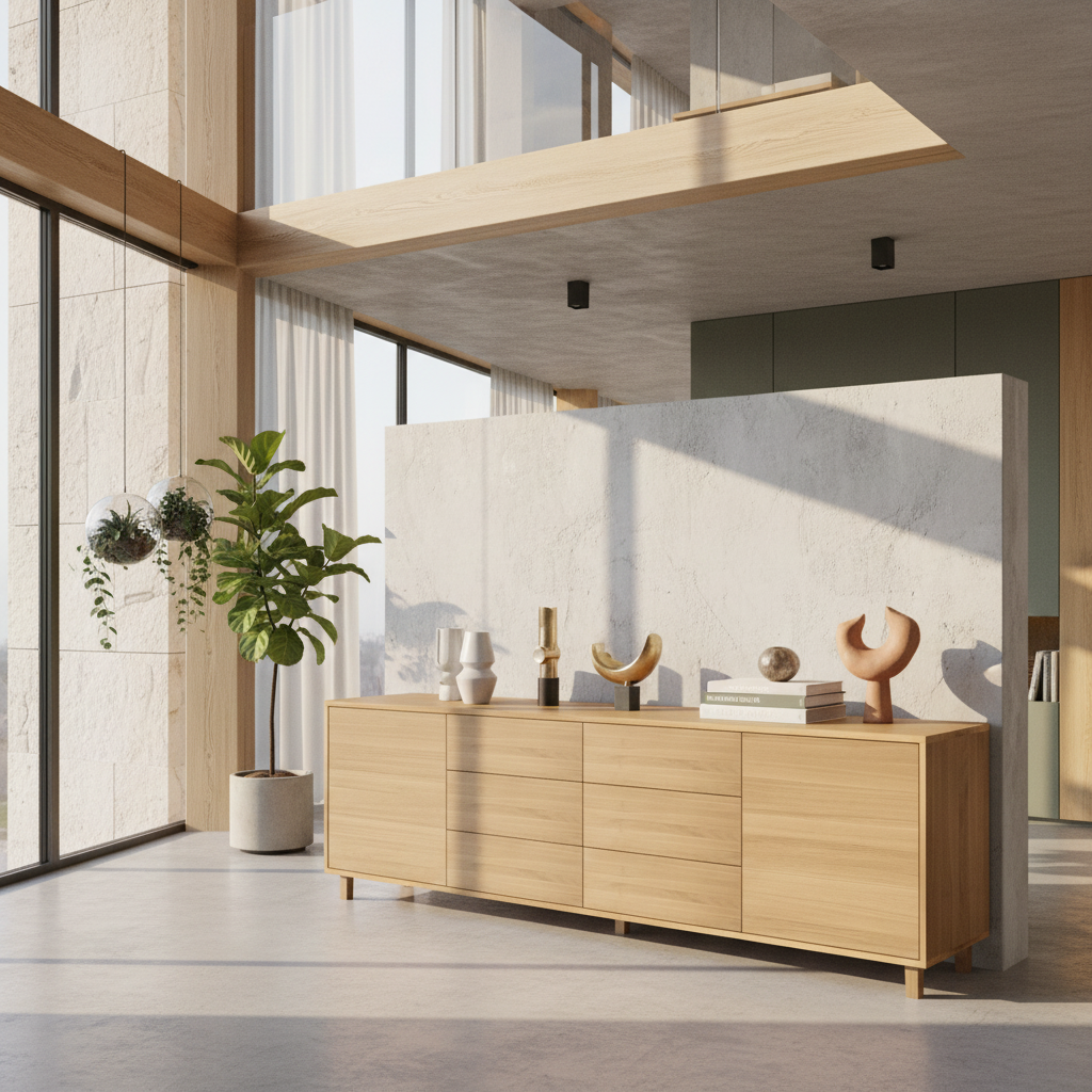 Sideboard "schmale Fuge" by Wildwuchs-Möbel in natural oiled oak, featuring a sleek design and 240cm width.