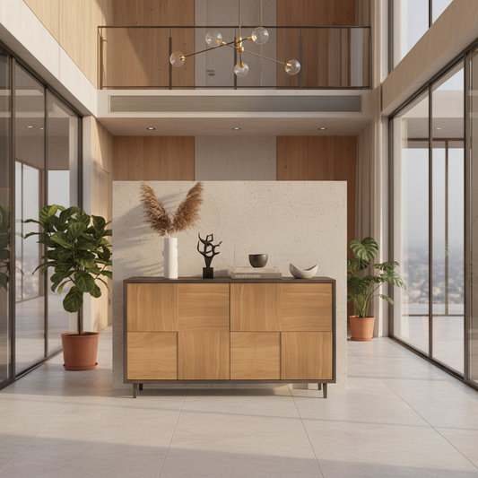 Sideboard "Mosaik" by Wildwuchs-Möbel in natural oak and black oil finish, 120cm, featuring a modern design.