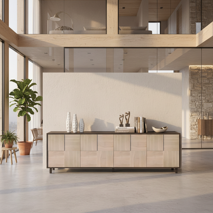 Moderner Wildwuchs-Möbel Sideboard "Mosaik" aus Eiche, schwarz/weiß geölt, 240cm lang, stilvoll und funktional.