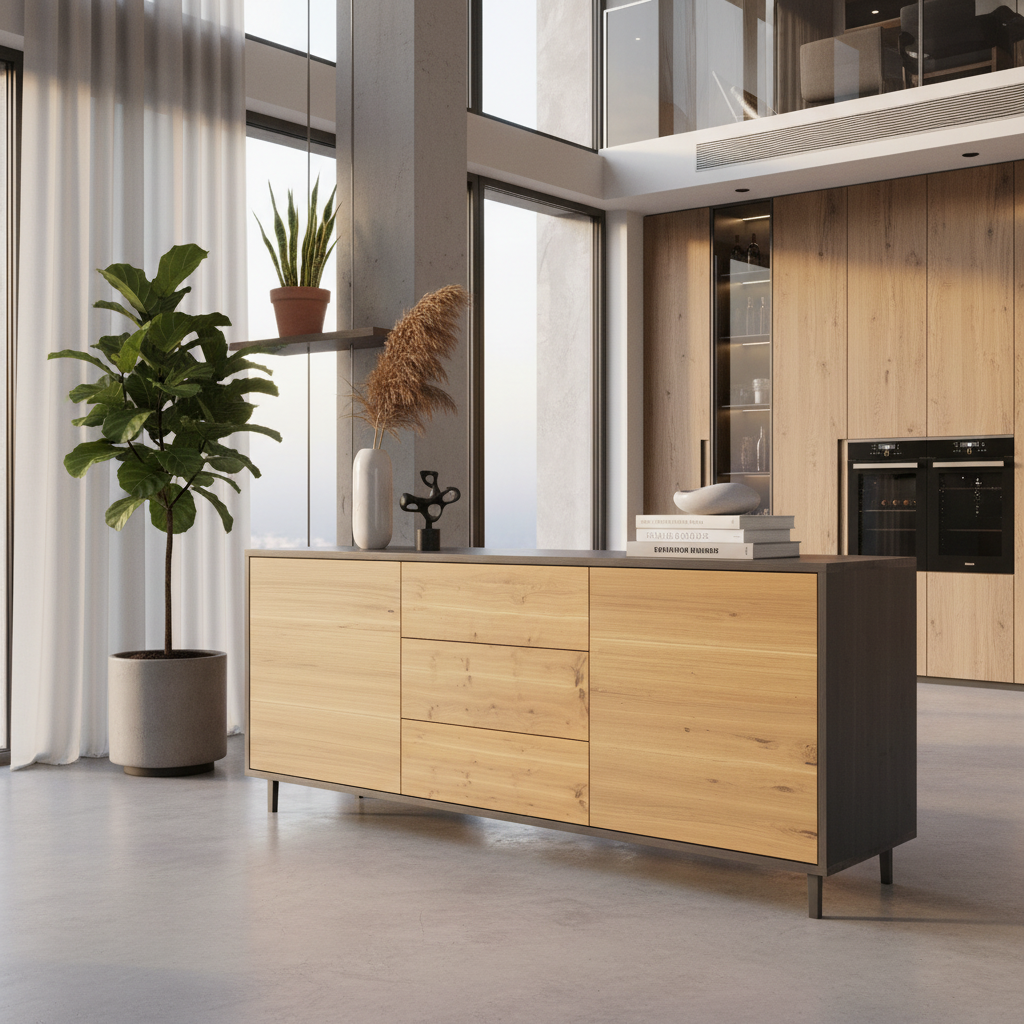 Rustic oak sideboard "schmale Fuge" in natural and black oil finish, 180cm, by Wildwuchs-Möbel.