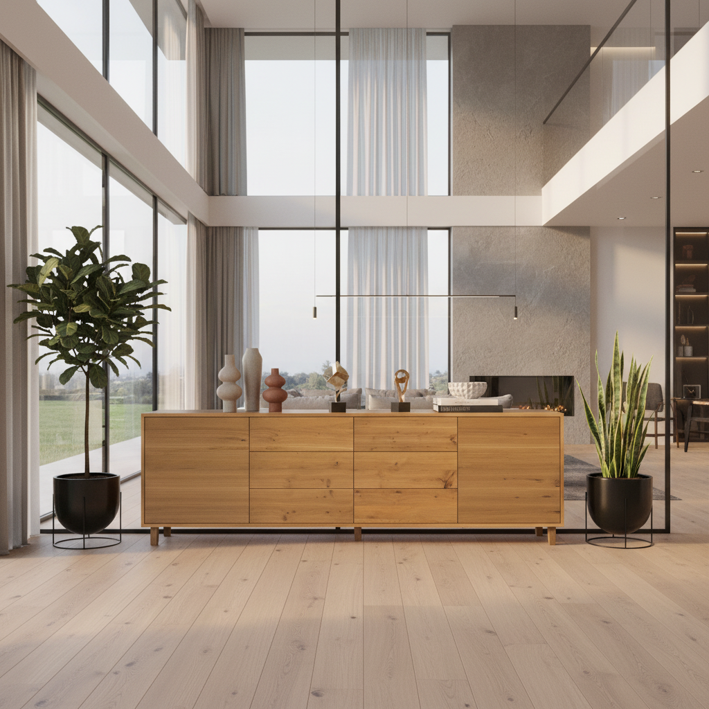 Rustic oak sideboard "schmale Fuge" by Wildwuchs-Möbel, natural oiled finish, 240cm, showcasing elegant design and texture.