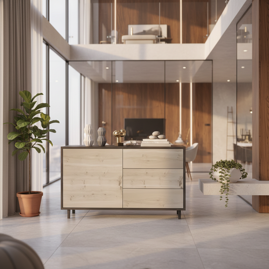 Rustic oak sideboard "schmale Fuge" by Wildwuchs-Möbel in black/white, 120cm, showcasing modern design and fine details.