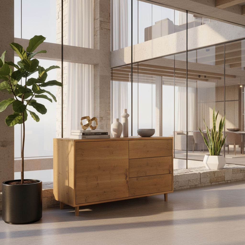 Moderner Sideboard "schmale Fuge" aus rustikaler Eiche, naturgeölt, 120cm breit, von Wildwuchs-Möbel, stilvoll und robust.