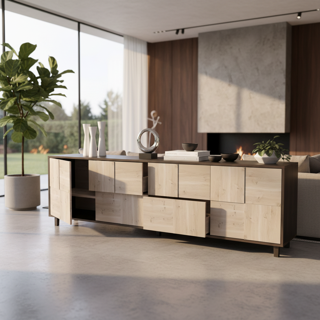 Modernes Sideboard "Mosaik" aus Eiche Rustikal und Schwarz-Weiß geölt, 240cm von Wildwuchs-Möbel, zeigt stilvolle Holz- und Farbgestaltung